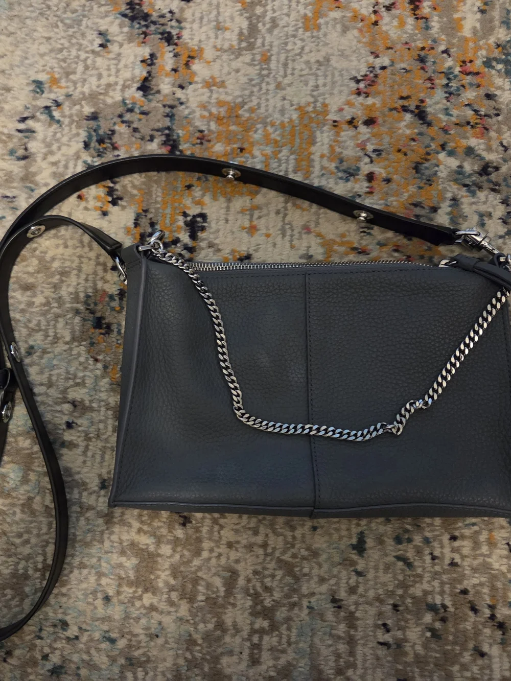 AllSaints Slate Gray Leather Crossbody with Chain Accent